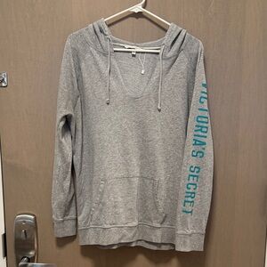 Victoria's Secret L Gray Hoodie with Teal Sleeve Logo